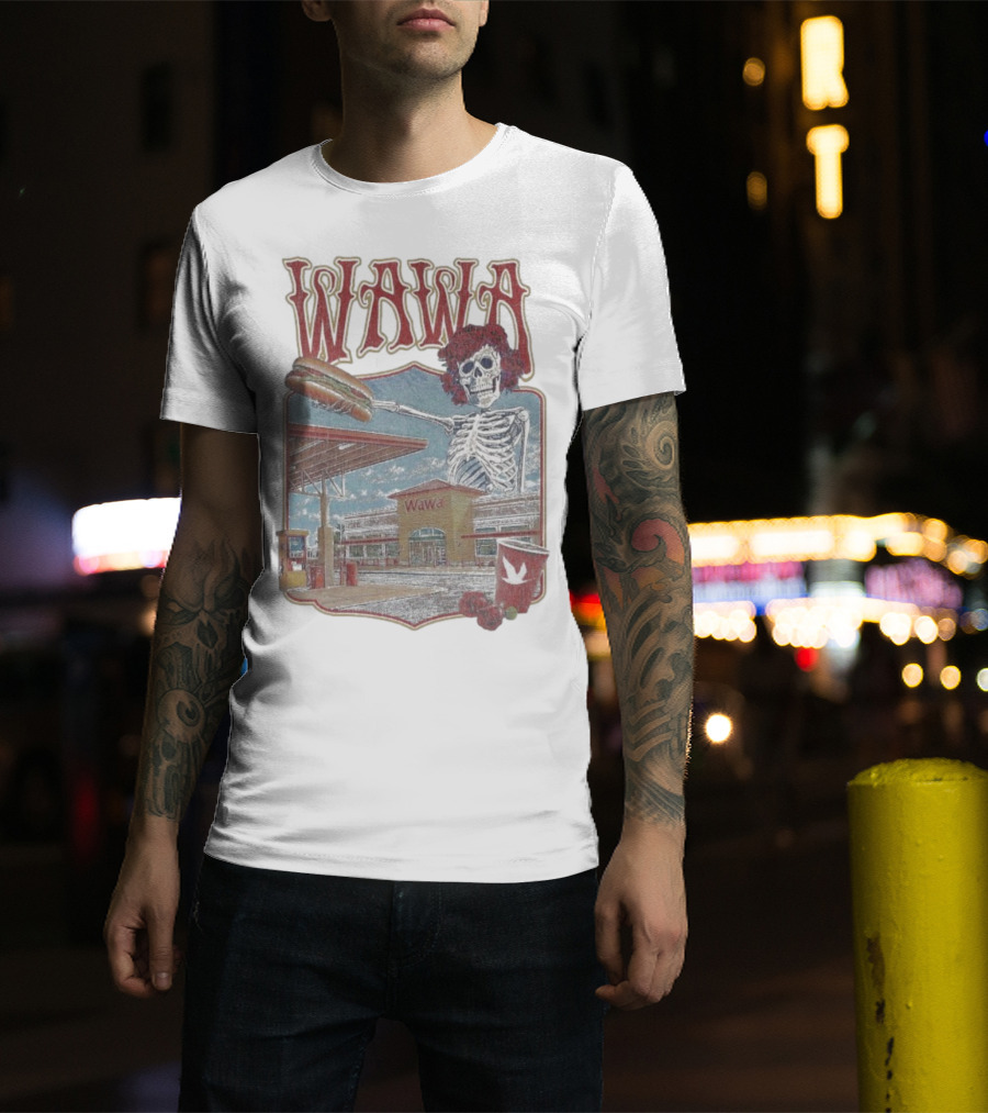 Wawa Grateful Dead Skeleton Holding Hoagie At Gas Station Scene T-Shirt