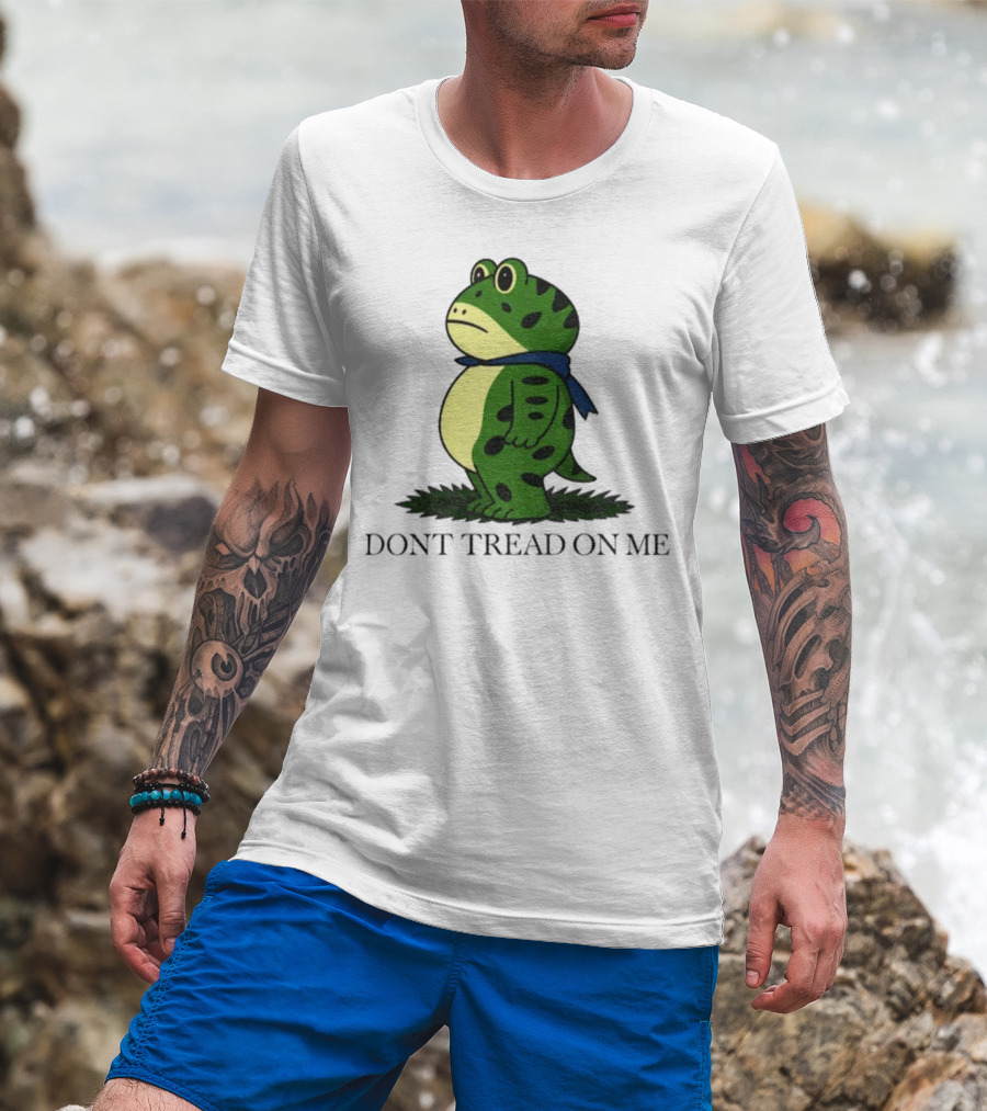 Portland Frog Don't Tread On Me Funny Protest Comic Style Green Frog With Blue Scarf T-Shirt