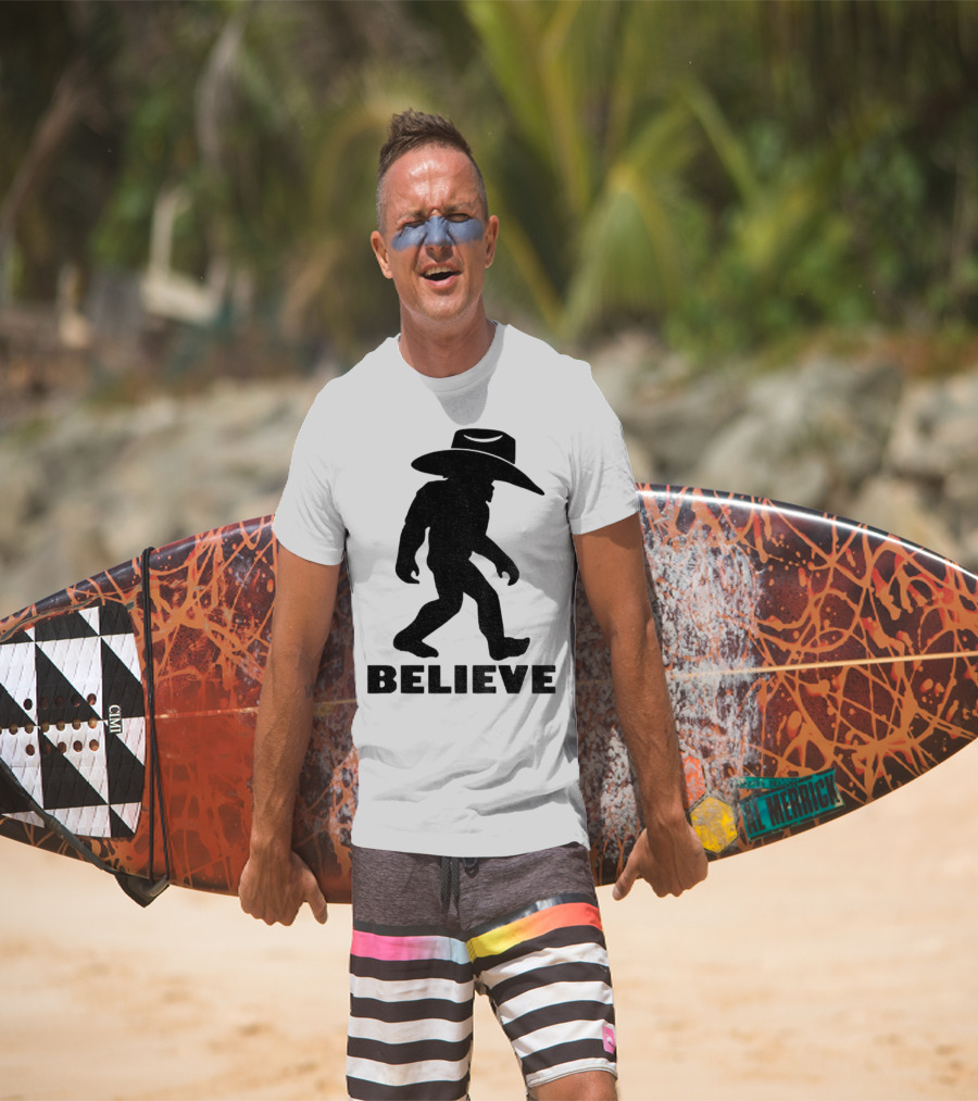 Believe Bigfoot Cowboy Hat Western Myth Legend T-Shirt