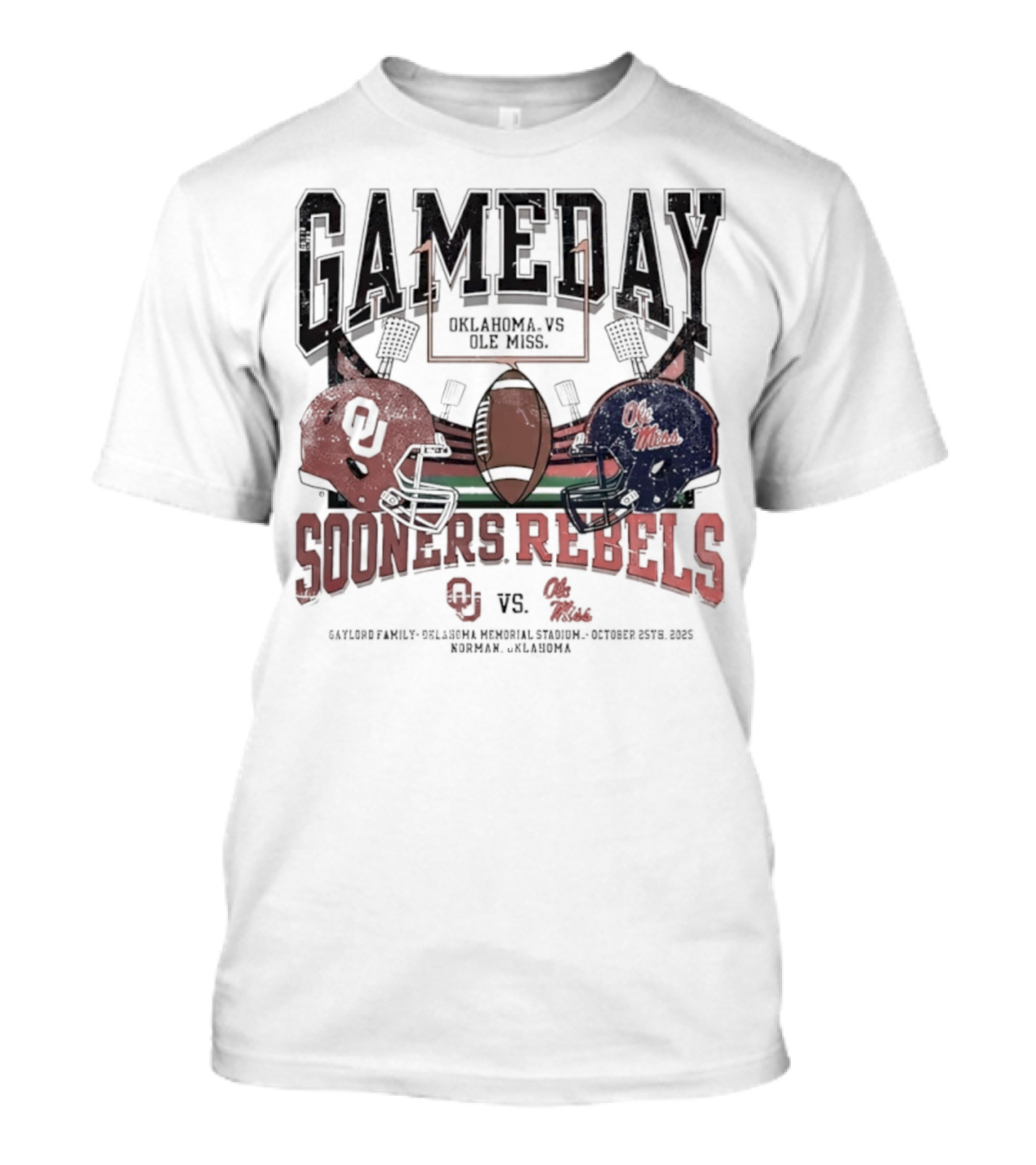 Gameday Oklahoma Sooners Vs Ole Miss Rebels Gaylord Family Oklahoma Memorial Stadium Football Helmets T-Shirt