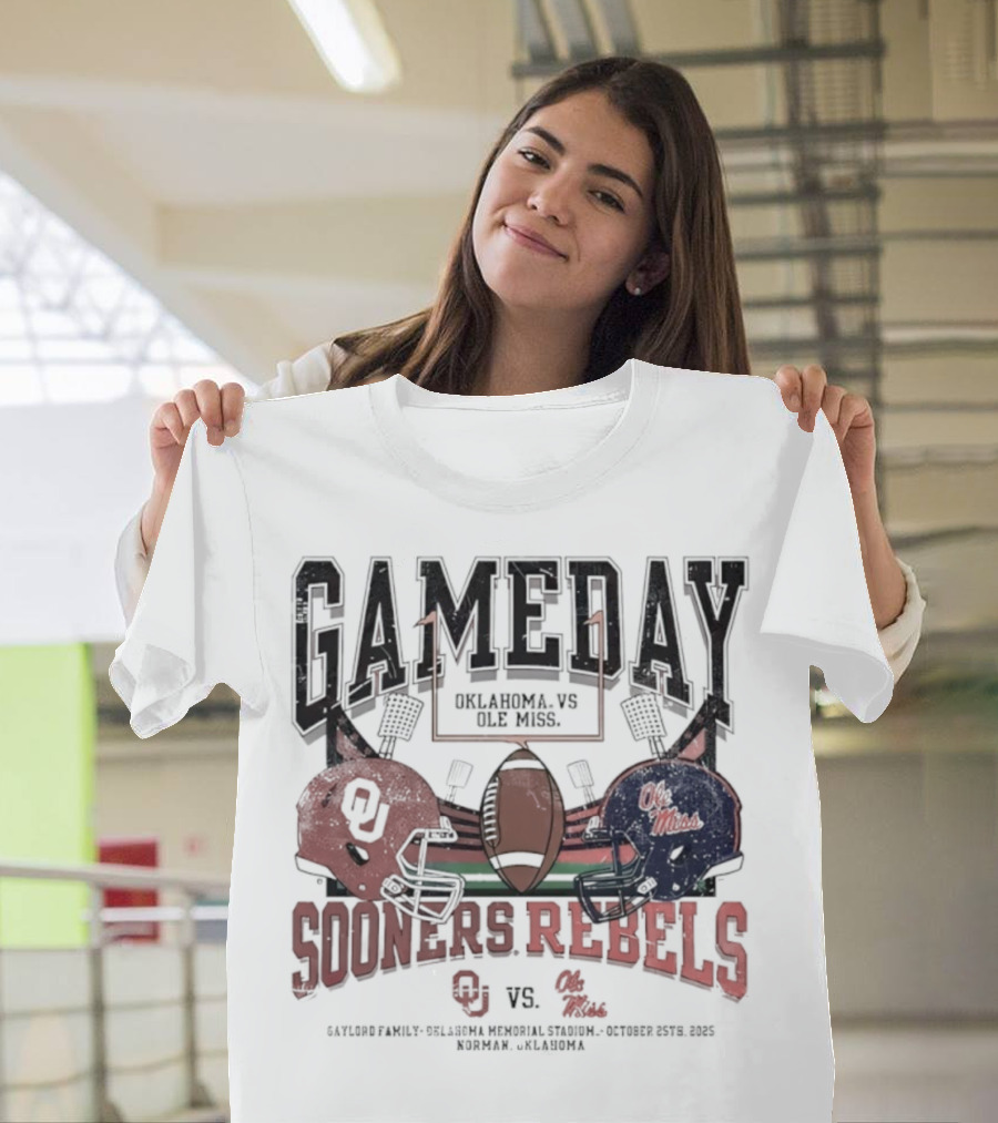 Gameday Oklahoma Sooners Vs Ole Miss Rebels Gaylord Family Oklahoma Memorial Stadium Football Helmets T-Shirt