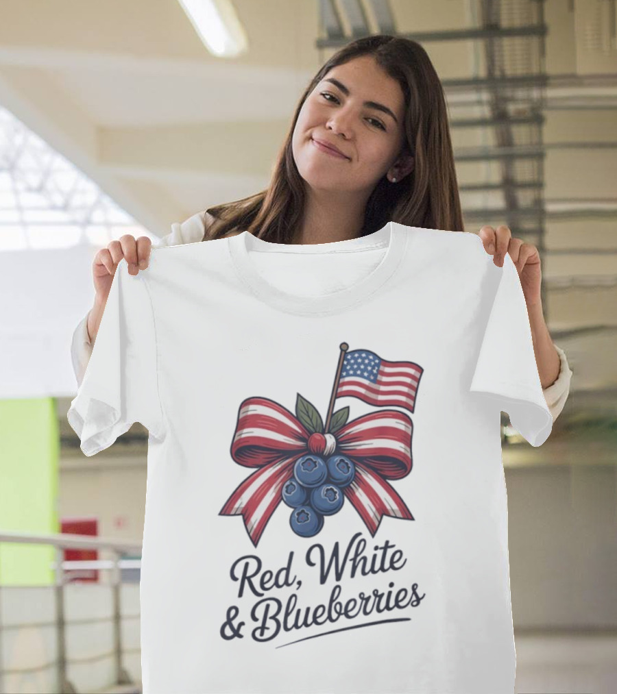 Red White Blueberries American Flag Bow T-Shirt