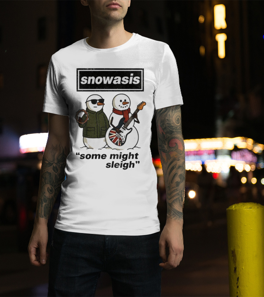 Snowasis Some Might Sleigh Christmas Snowmen With Guitars And Tambourine T-Shirt