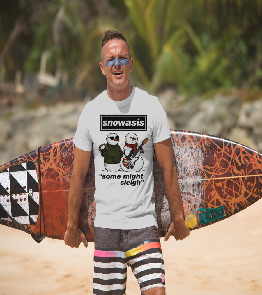 Snowasis Some Might Sleigh Christmas Snowmen With Guitars And Tambourine T-Shirt