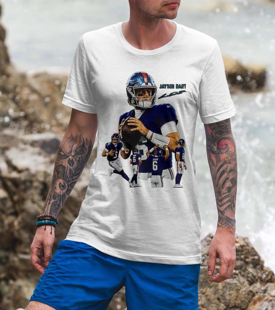 Jaxson Dart New York Giants NFL Football Signature Quarterback Action T-Shirt
