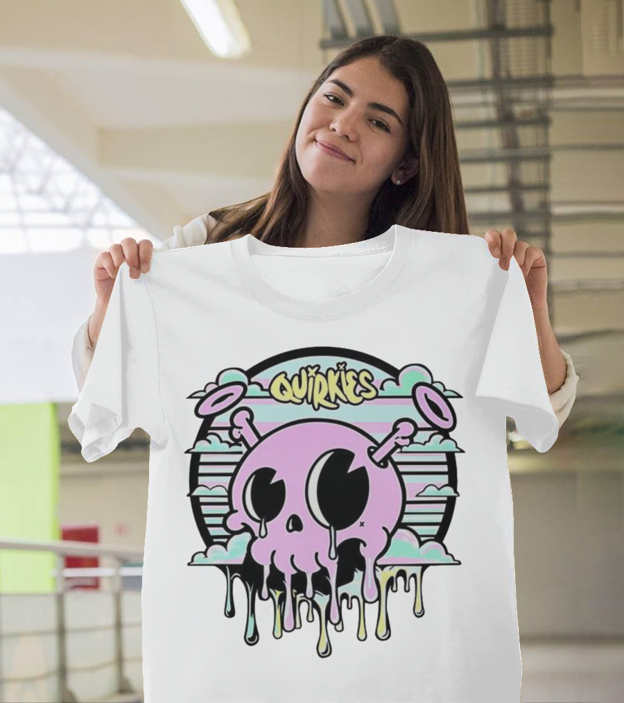 Quirkies Melting Skull With Two Crossbones Vintage Pastel Clouds T-Shirt
