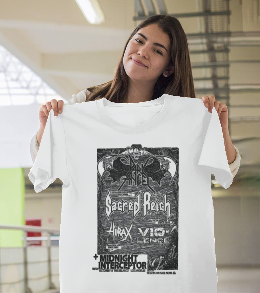 Dark Angel Sacred Reich Hirax Vio-Lence Midnight Interceptor The Belasco Los Angeles October 16 2025 T-Shirt