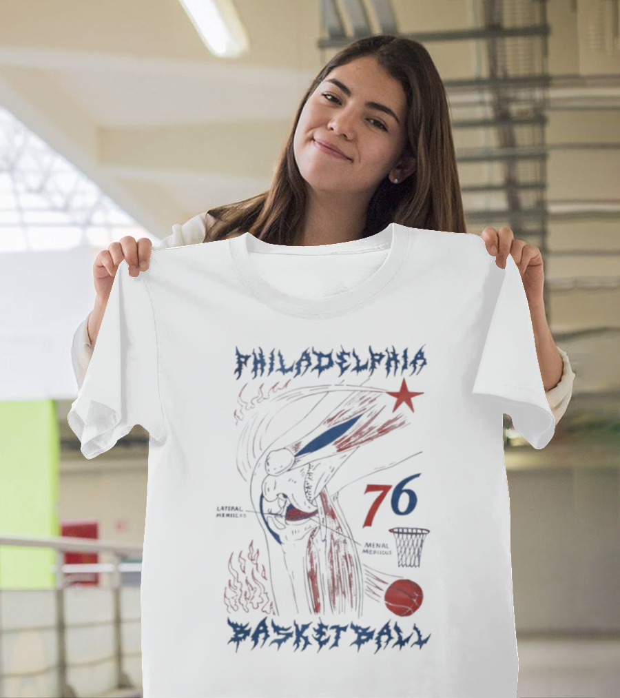 Philadelphia Basketball Red Blue Artistic 76 Star Knee Sketch T-Shirt