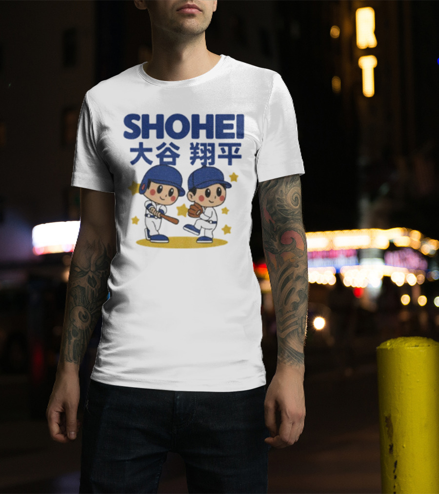 Shohei Ohtani Cartoon Baseball MLB Anime Style Kanji Stars T-Shirt