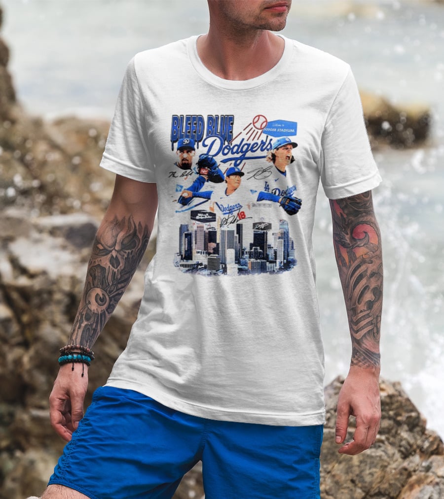 Bleed Blue Dodgers Shohei Ohtani Mookie Betts Yoshinobu Yamamoto Los Angeles Signatures Dodger Stadium T-Shirt