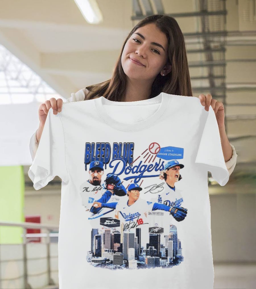 Bleed Blue Dodgers Shohei Ohtani Mookie Betts Yoshinobu Yamamoto Los Angeles Signatures Dodger Stadium T-Shirt