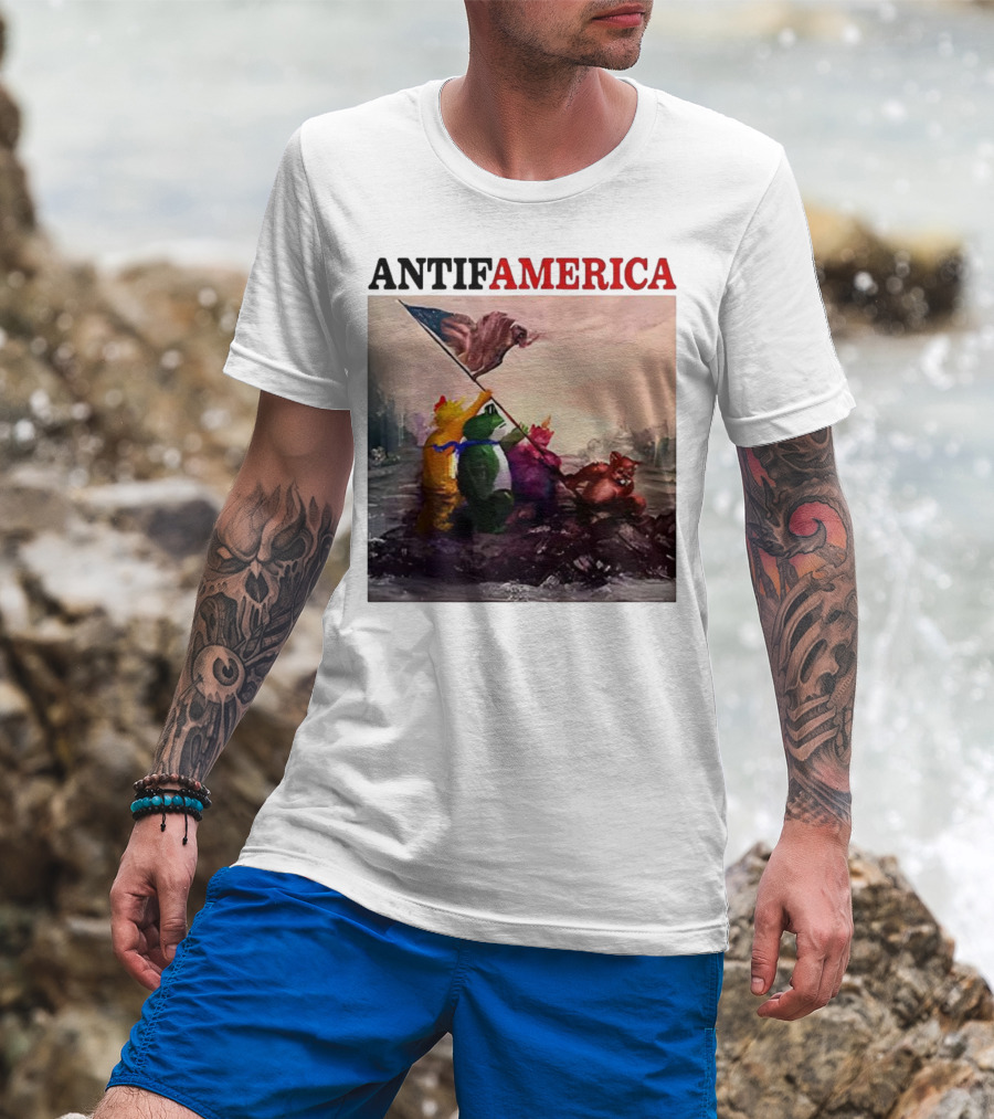Antifamerica Portland Frog Parody Of Iconic Historical Scene With Bold Characters And Flag T-Shirt