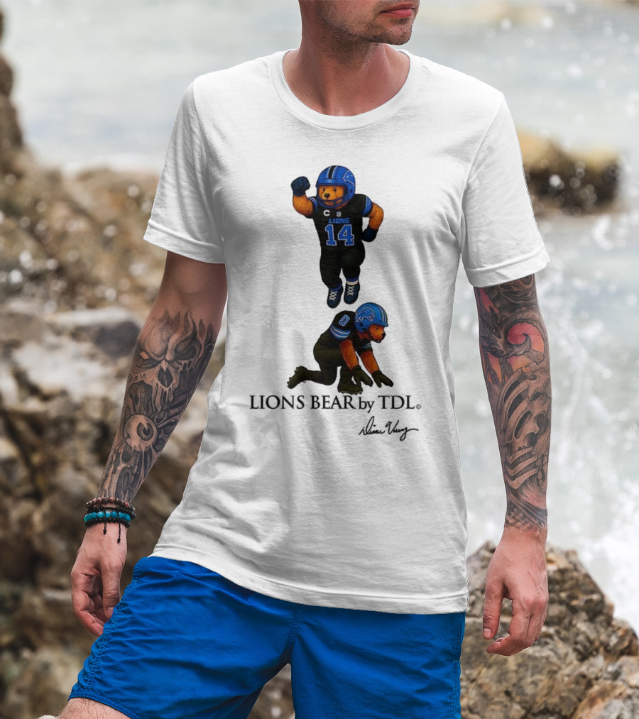 Amon-Ra St. Brown 14 Jahmyr Gibbs 0 Detroit Lions Bear Celebrating Football T-Shirt