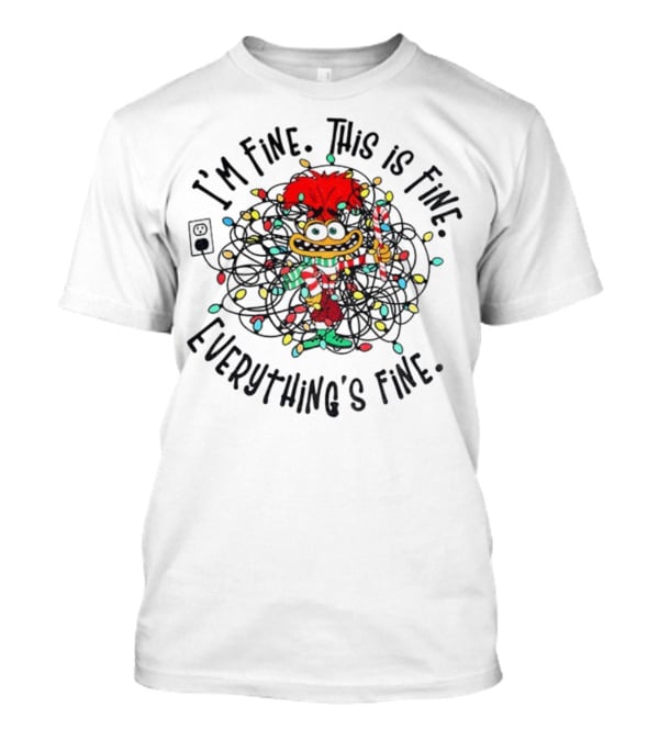 I'm Fine This Is Fine Everything's Fine Anxiety Inside Out 2 Holiday Lights Candy Cane T-Shirt