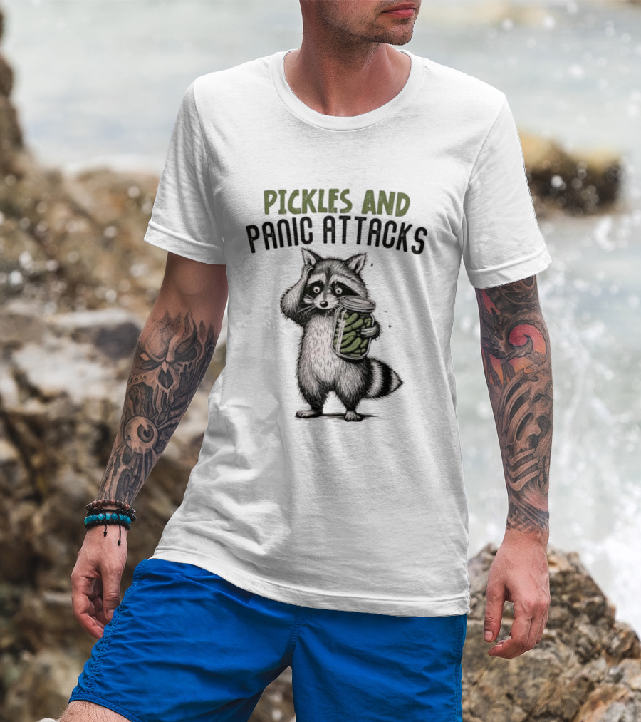 Pickles And Panic Attacks Raccoon Holding Jar Retro Mental Health Awareness T-Shirt