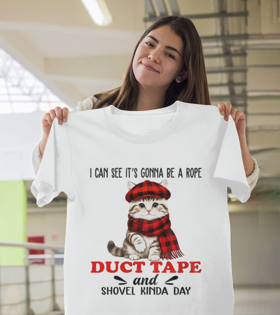 Cat In Red Plaid Hat Duct Tape Christmas T-Shirt