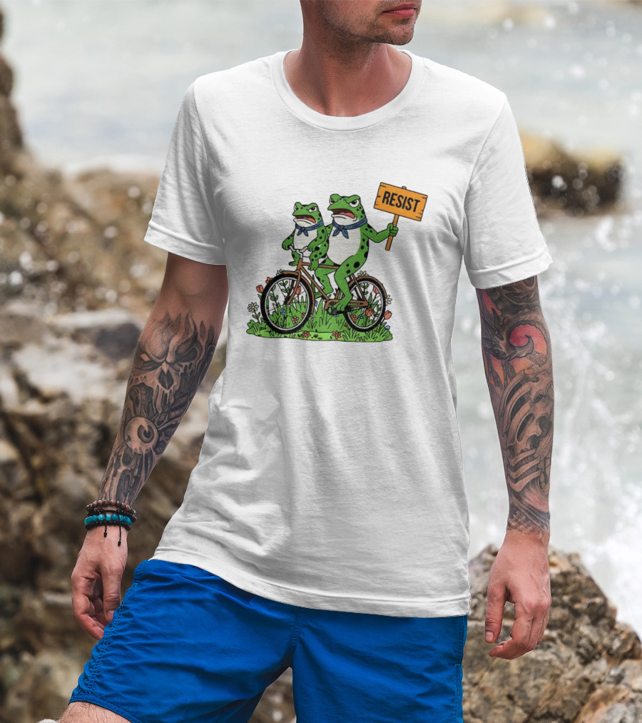 Frog On Bike Resist Protest Sign Portland Garden Scene T-Shirt