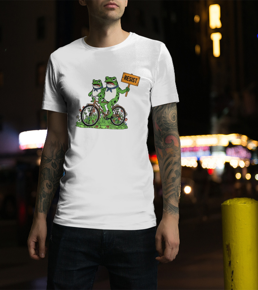 Frog On Bike Resist Protest Sign Portland Garden Scene T-Shirt