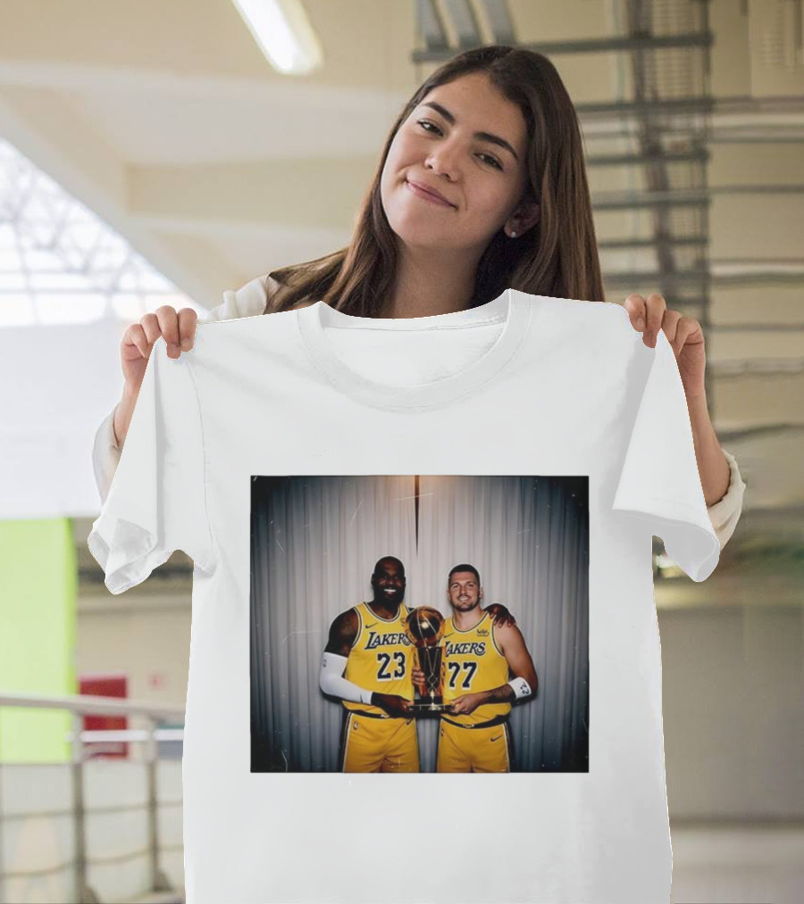 Los Angeles Lakers LeBron James Luka Dončić Holding Trophy June 2026 T-Shirt