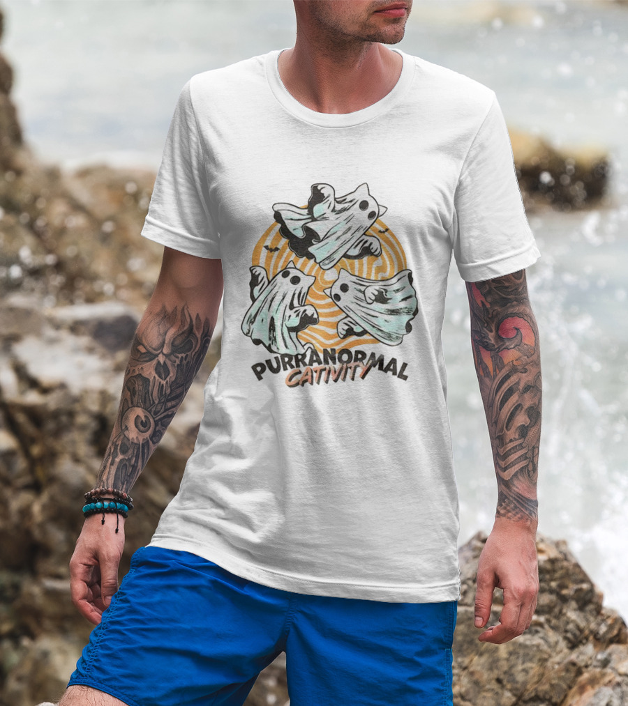Purranormal Cativity Ghost Cat Halloween Bats Swirl Maze T-Shirt
