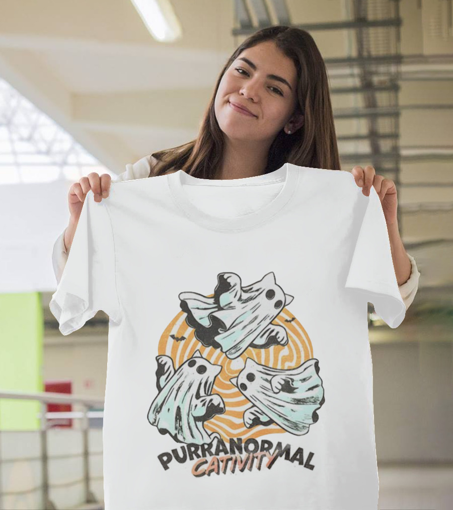 Purranormal Cativity Ghost Cat Halloween Bats Swirl Maze T-Shirt