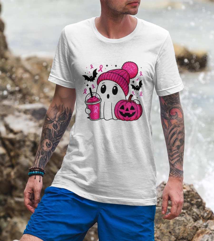 Spooky Ghost Pink Pumpkin Breast Cancer Awareness With Ribbon In October We Wear Pink T-Shirt