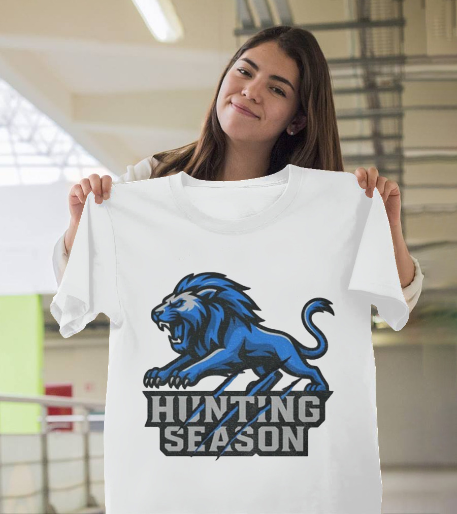 Detroit Lions Hunting Season Roaring Blue Lion NFL Fan Gear T-Shirt