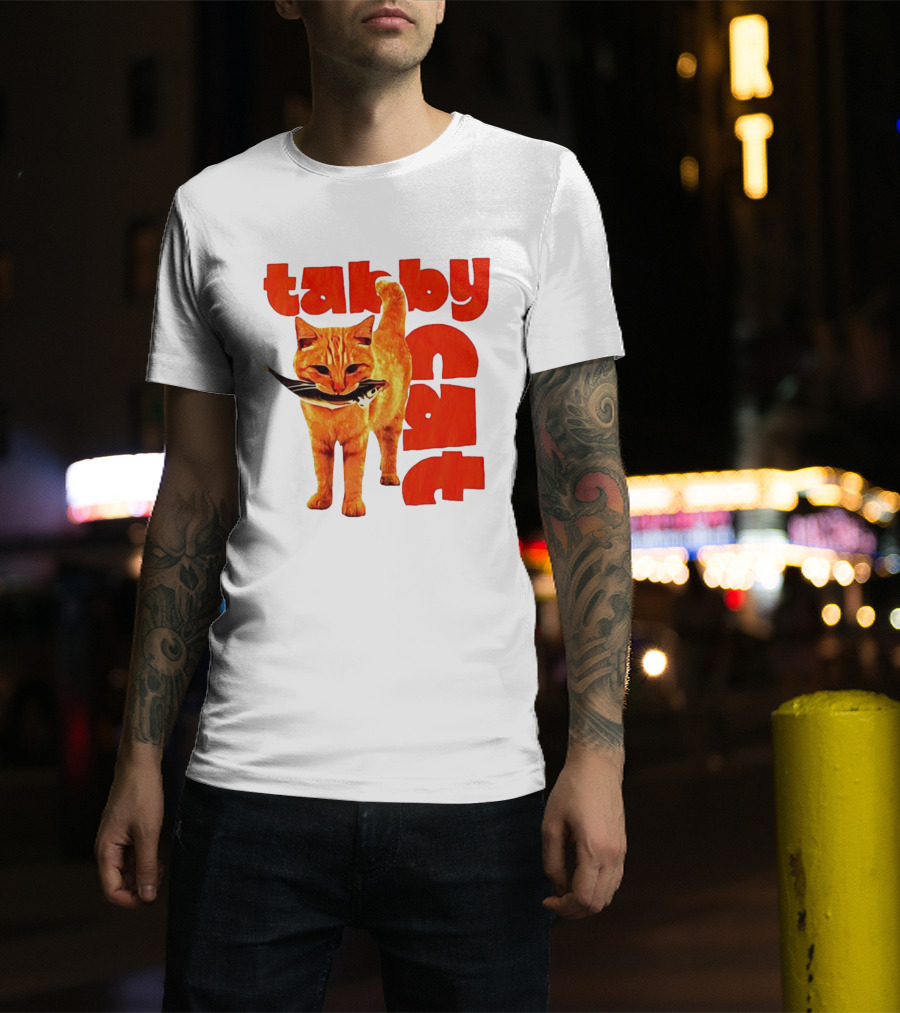 Tabby Cat Holding Fish Meme Retro Font T-Shirt