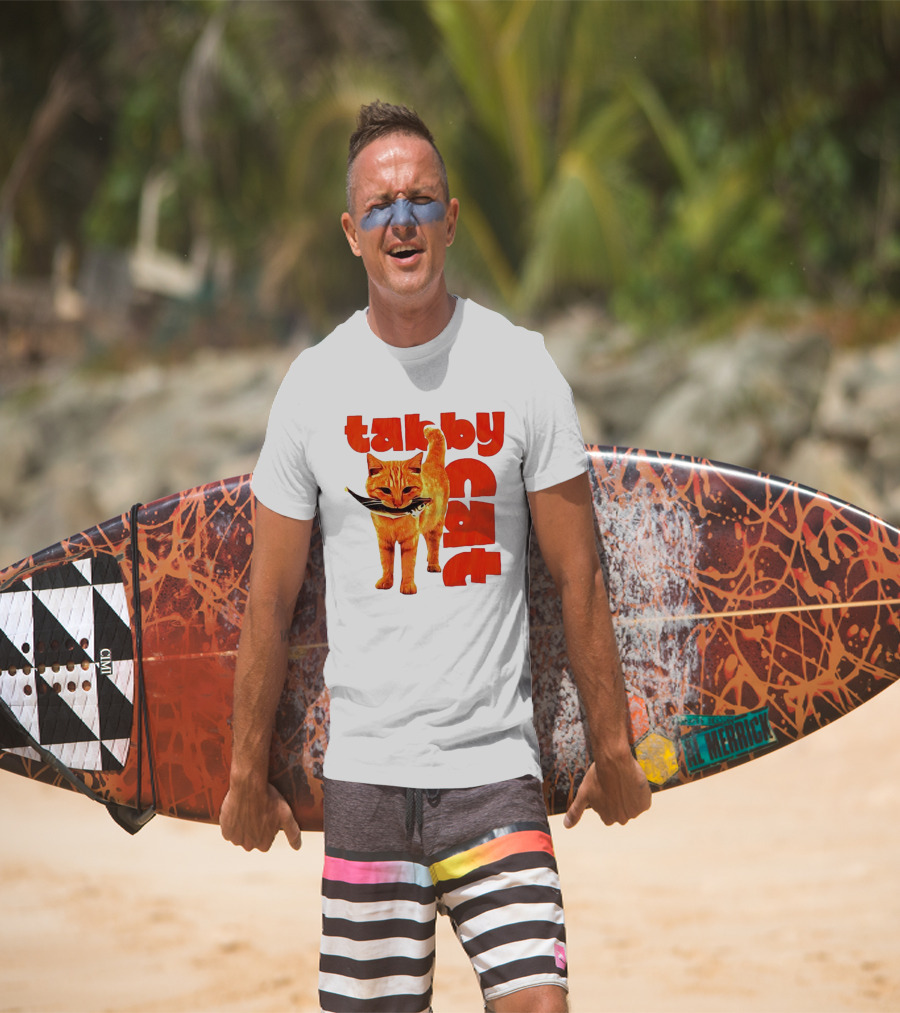 Tabby Cat Holding Fish Meme Retro Font T-Shirt