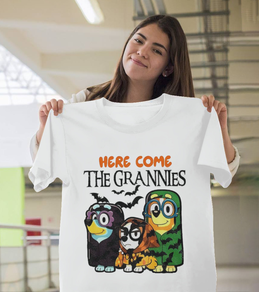 Here Come The Grannies Halloween Blue Dog Characters In Costumes T-Shirt