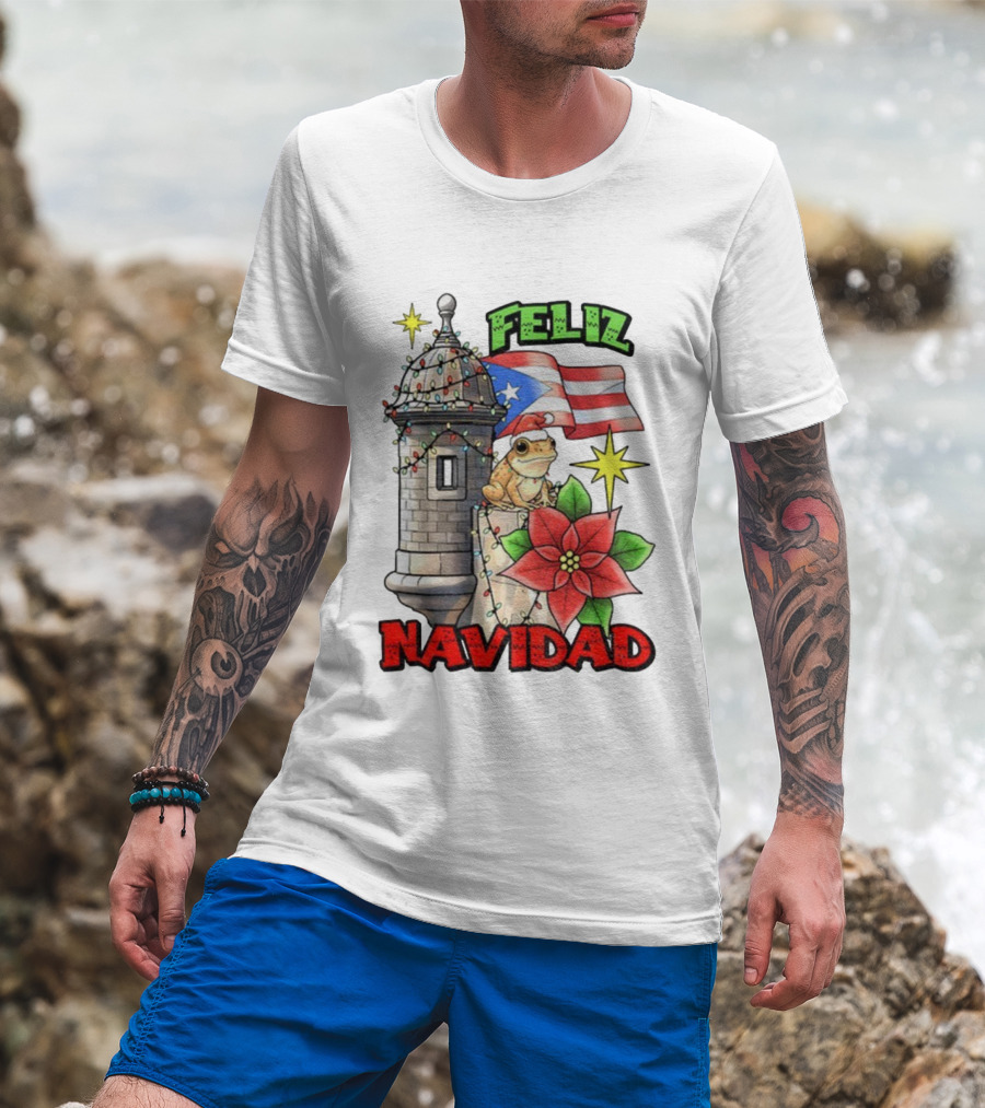 Puerto Rican Christmas Coqui Feliz Navidad Flag Poinsettia Lights T-Shirt