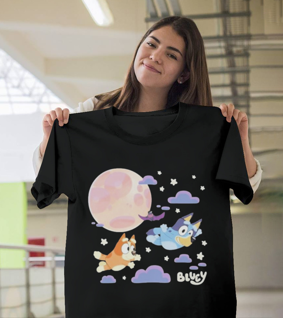Bluey Sleepy Time Characters Flying With Moon And Stars T-Shirt