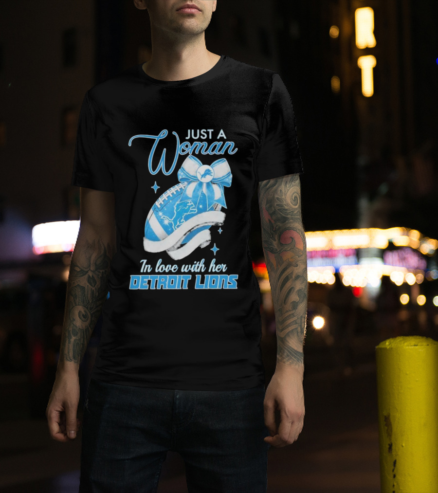 Just A Woman In Love With Her Detroit Lions Glittery Ribbon T-Shirt