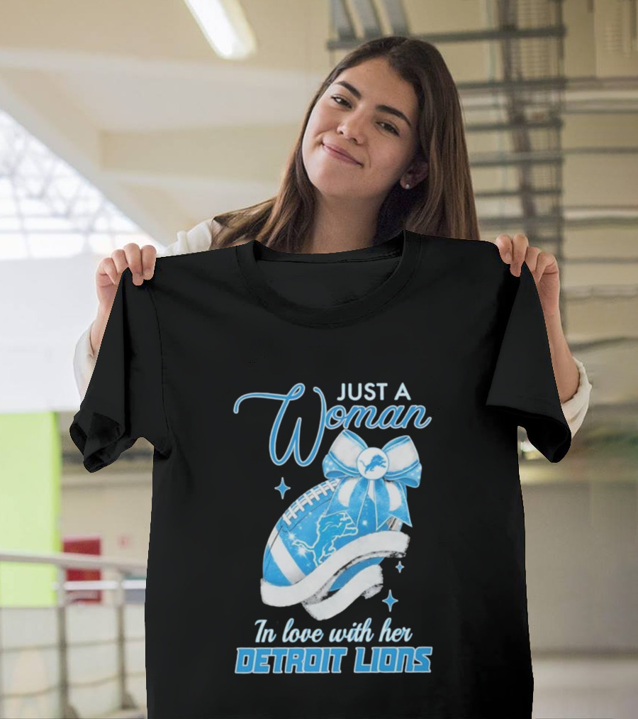 Just A Woman In Love With Her Detroit Lions Glittery Ribbon T-Shirt