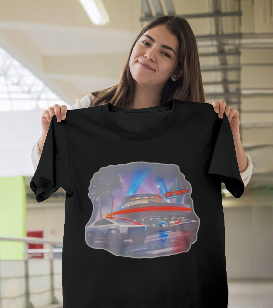 Tesla Cybertruck Hollywood Retro Diner Neon Night Scene T-Shirt