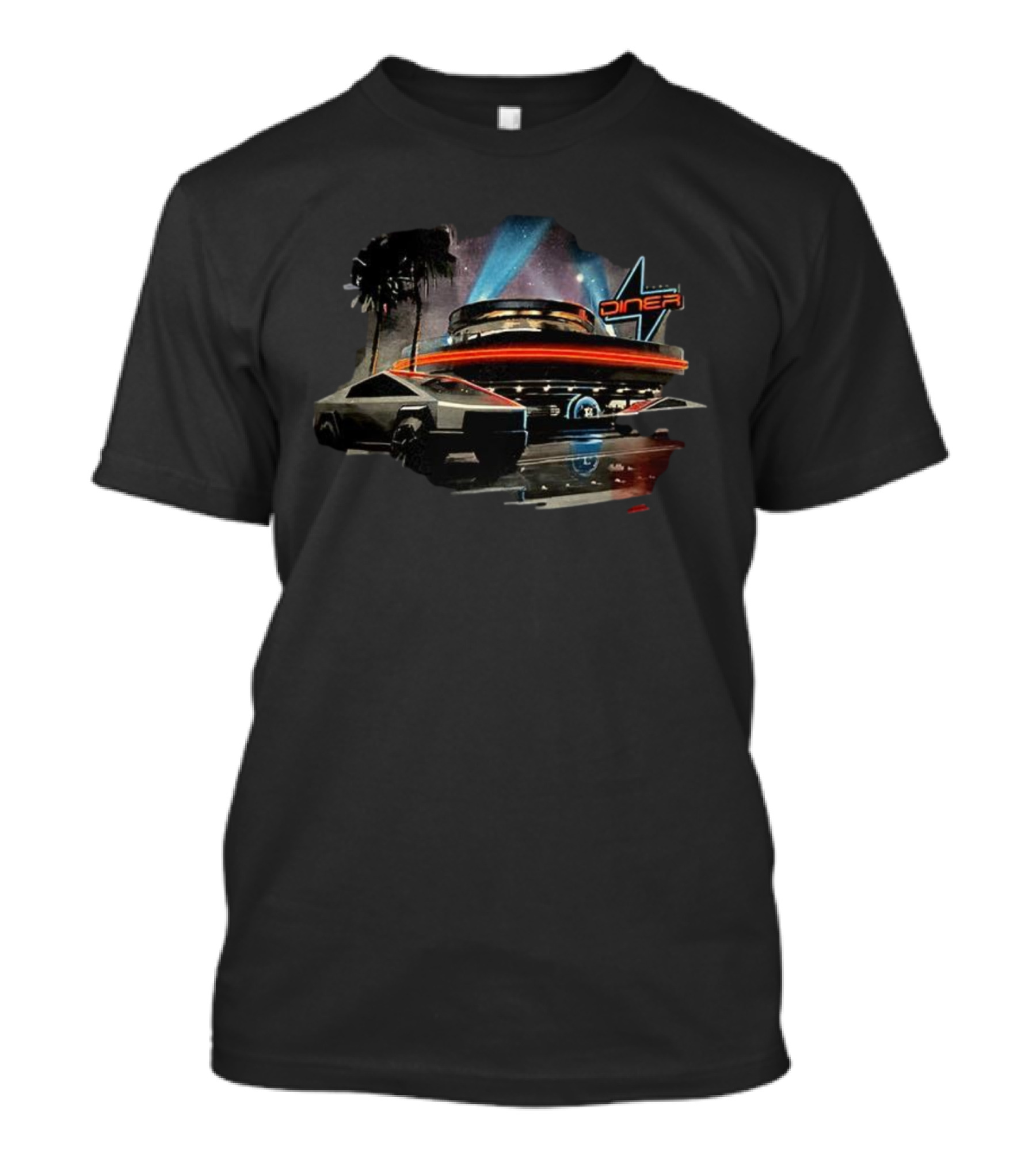 Tesla Cybertruck Diner Route 66 Hollywood Retro Nighttime Scene T-Shirt