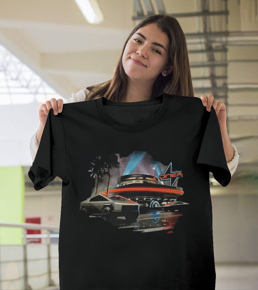 Tesla Cybertruck Diner Route 66 Hollywood Retro Nighttime Scene T-Shirt