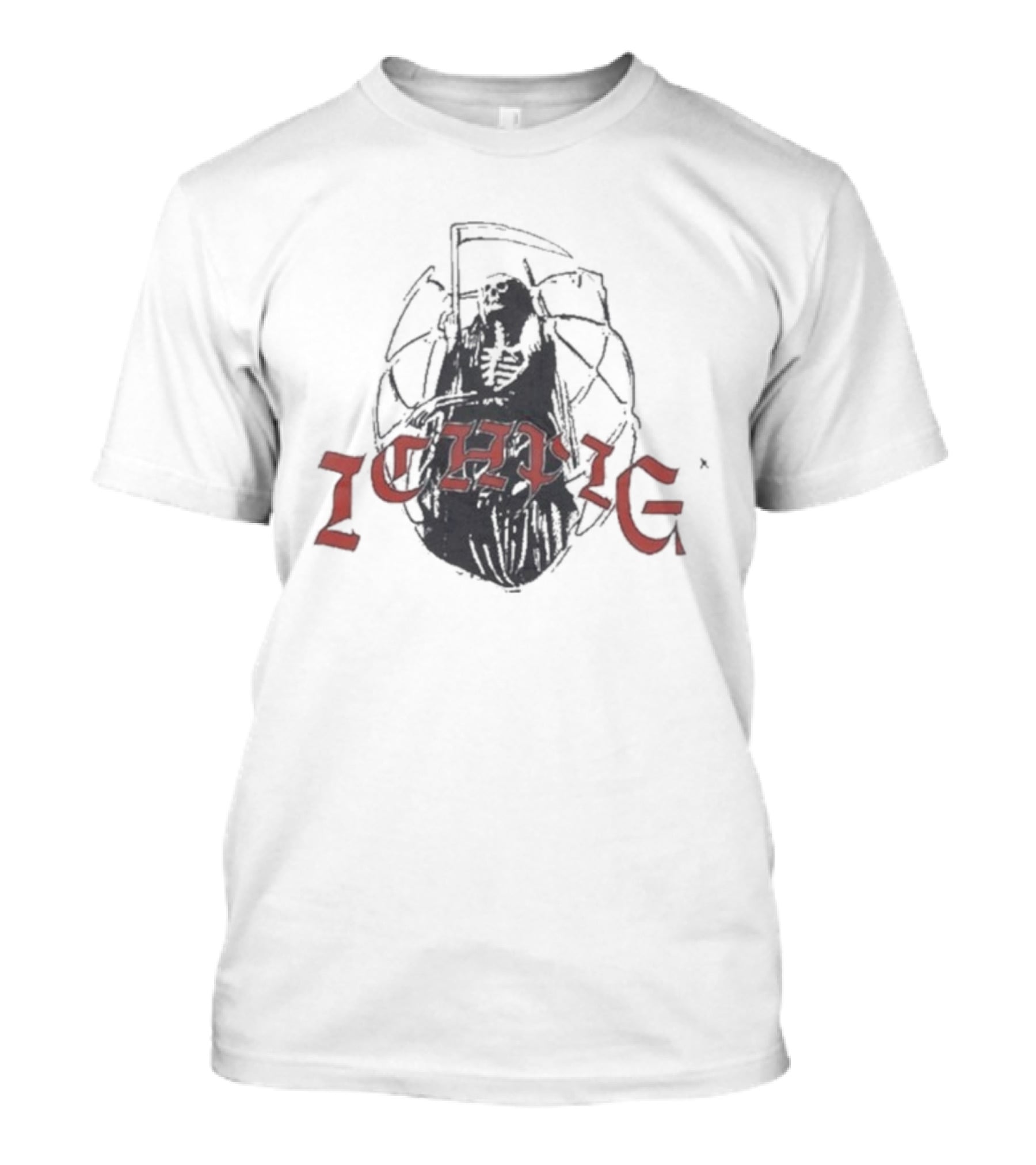 Ichpig Grim Reaper Ichpig Red Arch Text Over Black Cloaked Skeleton T-Shirt