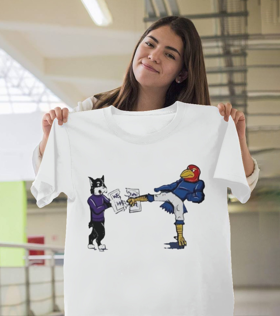 Kansas Jayhawk Mascot Kicking Wildcat We Own State T-Shirt