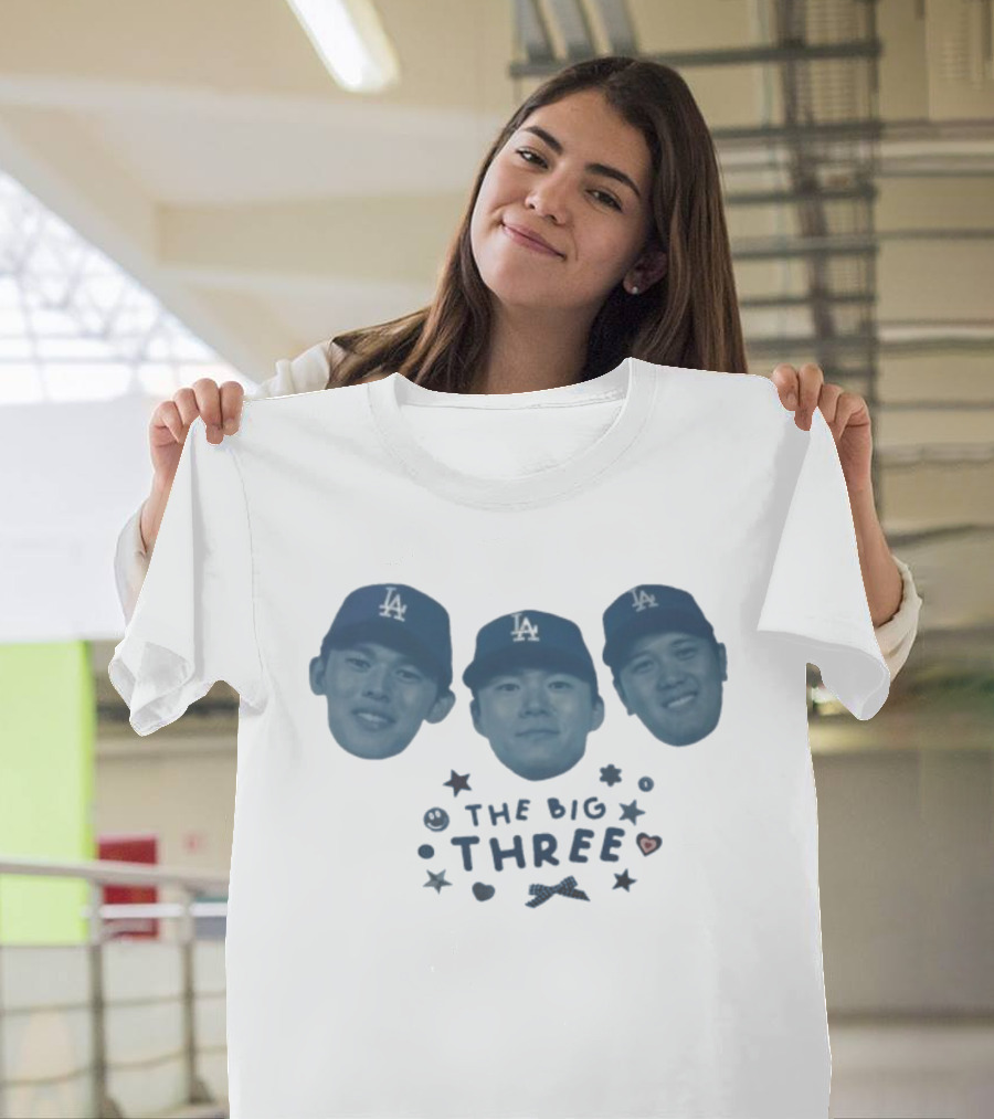 Rōki Sasaki Yoshinobu Yamamoto Shohei Ohtani The Big Three Los Angeles Dodgers 2025 Championship T-Shirt