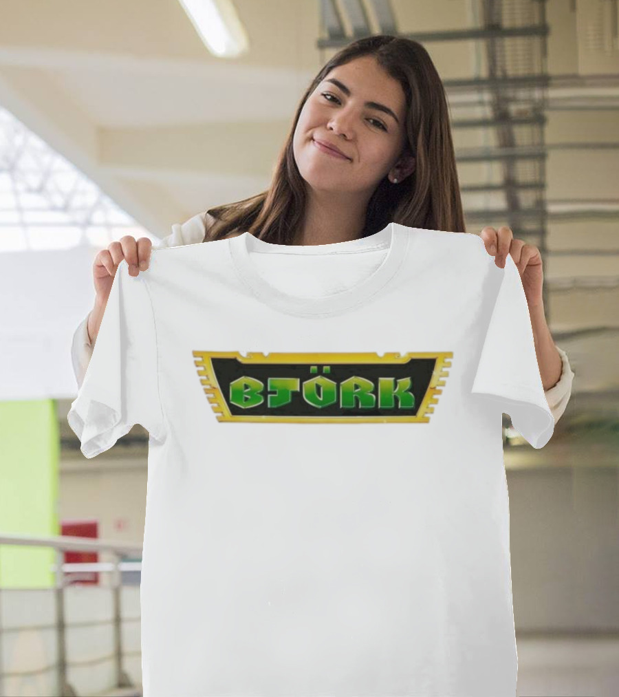 Björk Vintage Green Letters Yellow Border Retro Style T-Shirt