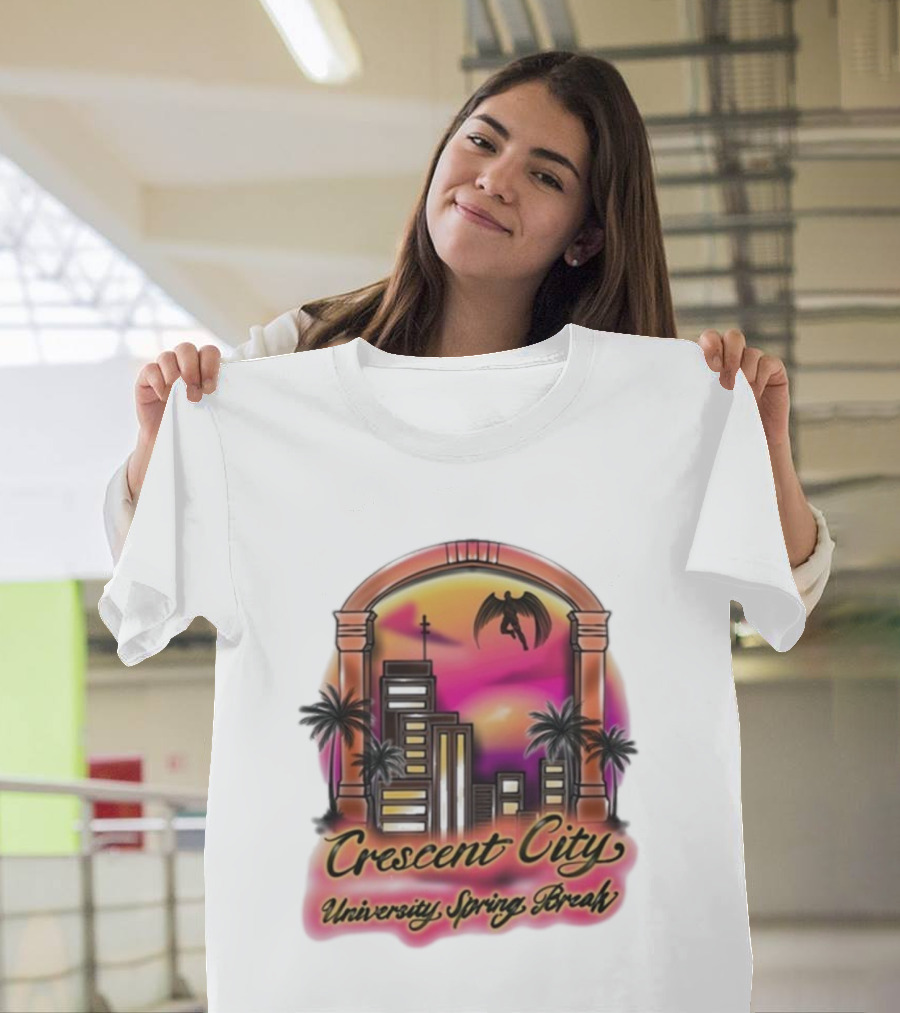 Crescent City University Spring Break Airbrush Tropical Sunset Skyscraper Archway Angel Wings T-Shirt