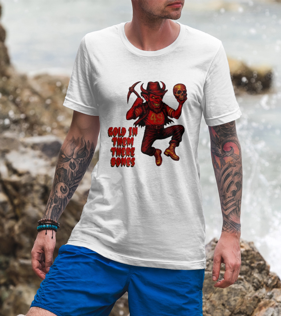 San Francisco 49er Devil Holding Skull Gold In Them There Bones T-Shirt