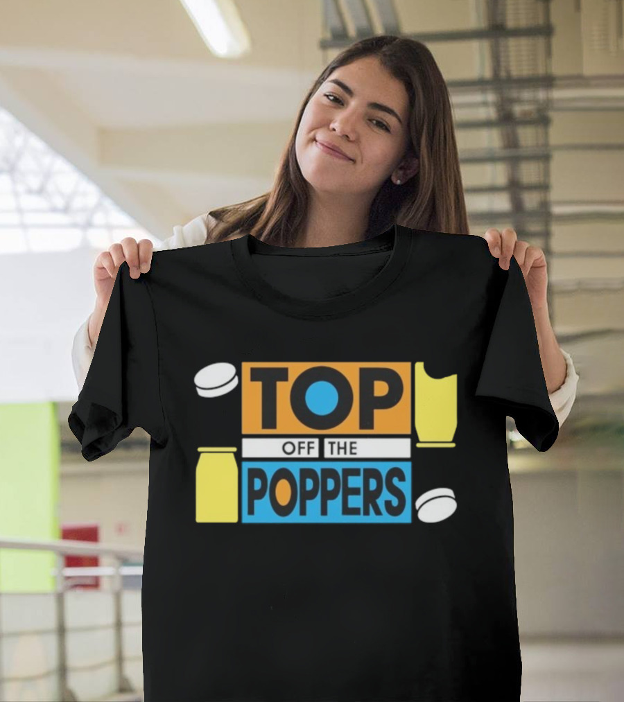TOP OFF THE POPPERS Yellow And Blue Theme With White Pieces T-Shirt