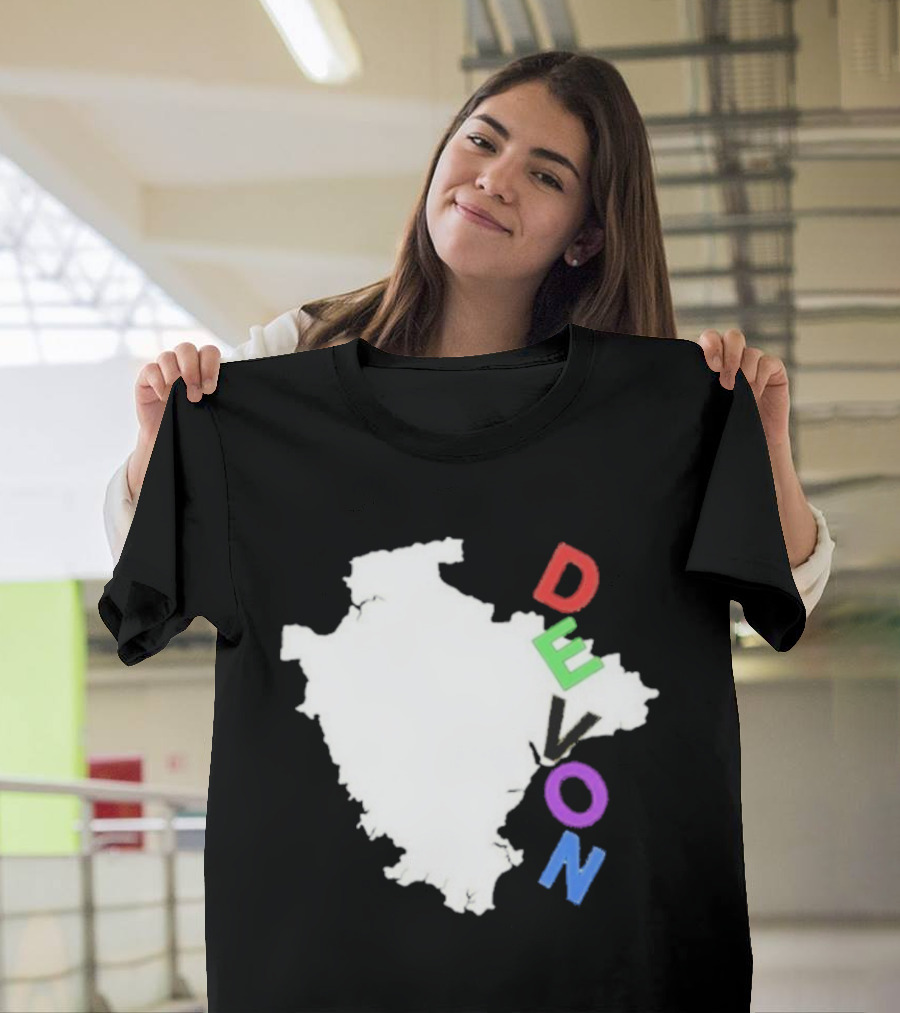 We Are Devon Island Map Outline With Colorful Vertical Text T-Shirt