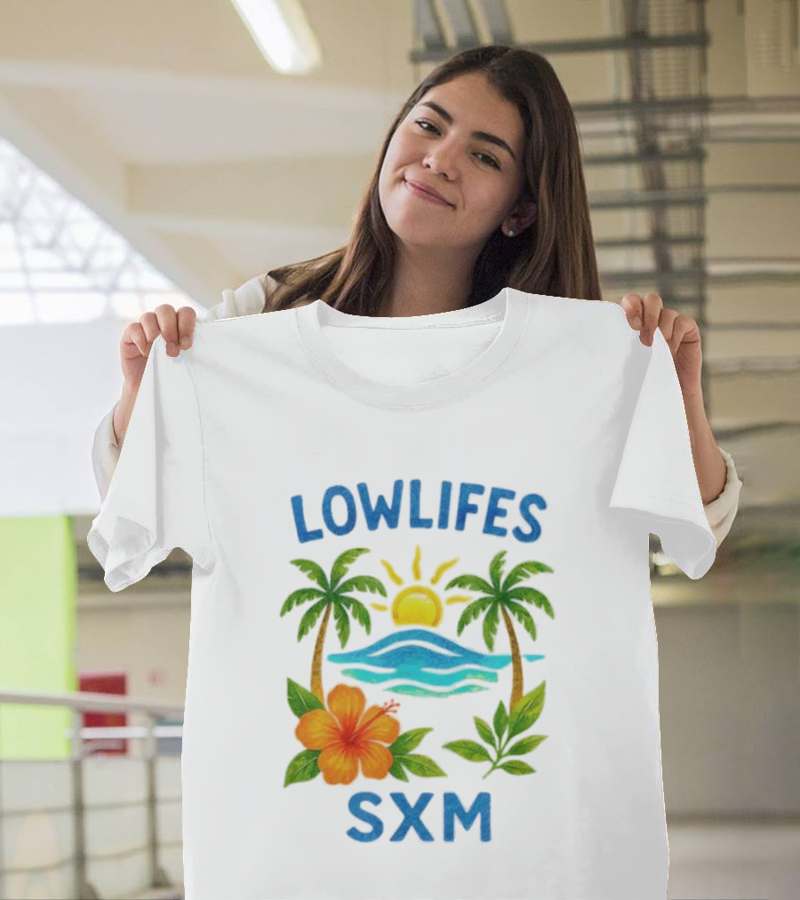 Lowlifes SXM Tropical Sunset 2025 Palms Hibiscus Ocean Sun T-Shirt