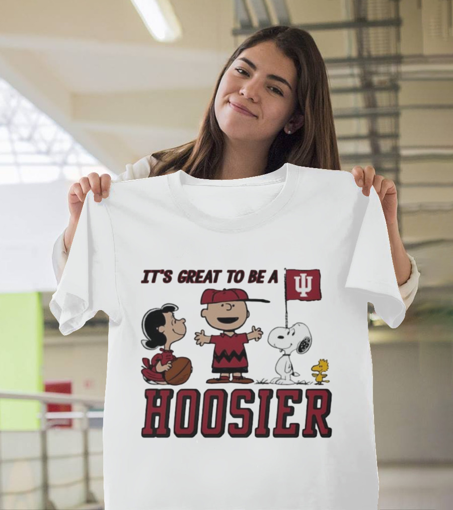 Peanuts Characters Indiana Hoosiers It's Great To Be A Hoosier Snoopy Woodstock Lucy Charlie Brown IU Flag T-Shirt