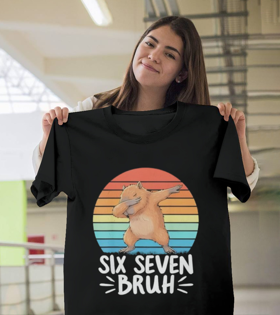 67 Meme Capybara Dabbing Six Seven Bruh Rainbow Retro T-Shirt