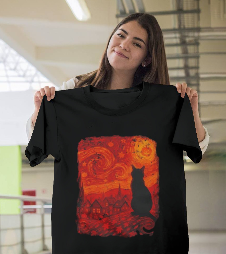 Van Gogh Cat Lover Starry Night Thanksgiving Autumn T-Shirt