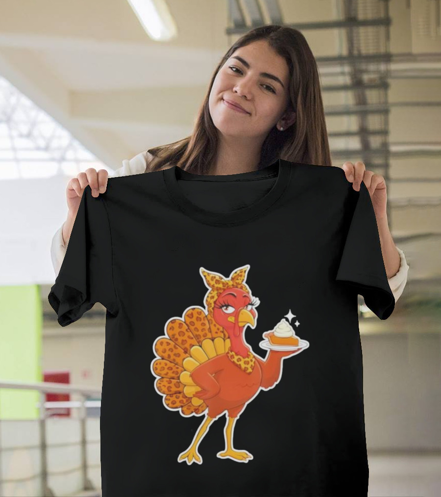 Leopard Print Turkey With Pumpkin Pie Thanksgiving T-Shirt